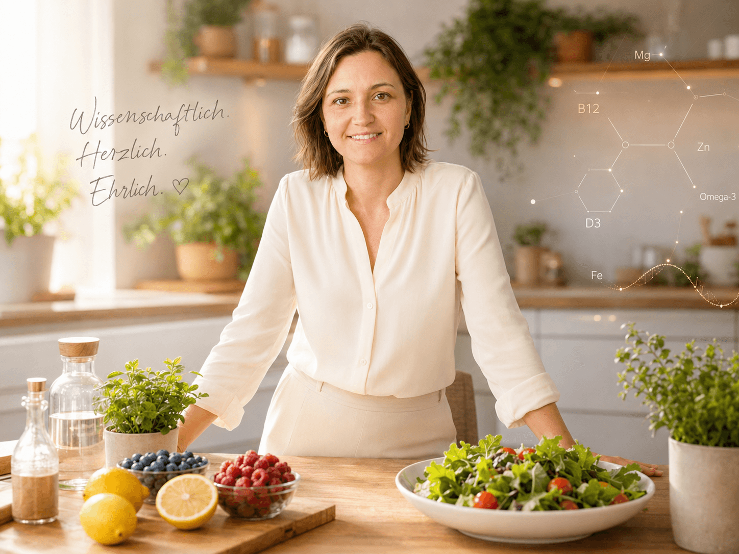 Natalia in einer warmen, hellen Küche mit frischen Zutaten – wissenschaftlich, herzlich und ehrlich.